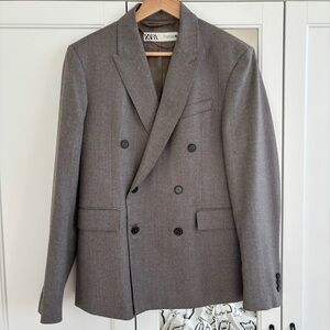 Zara Wool Gray Double-Breasted Blazer Size S